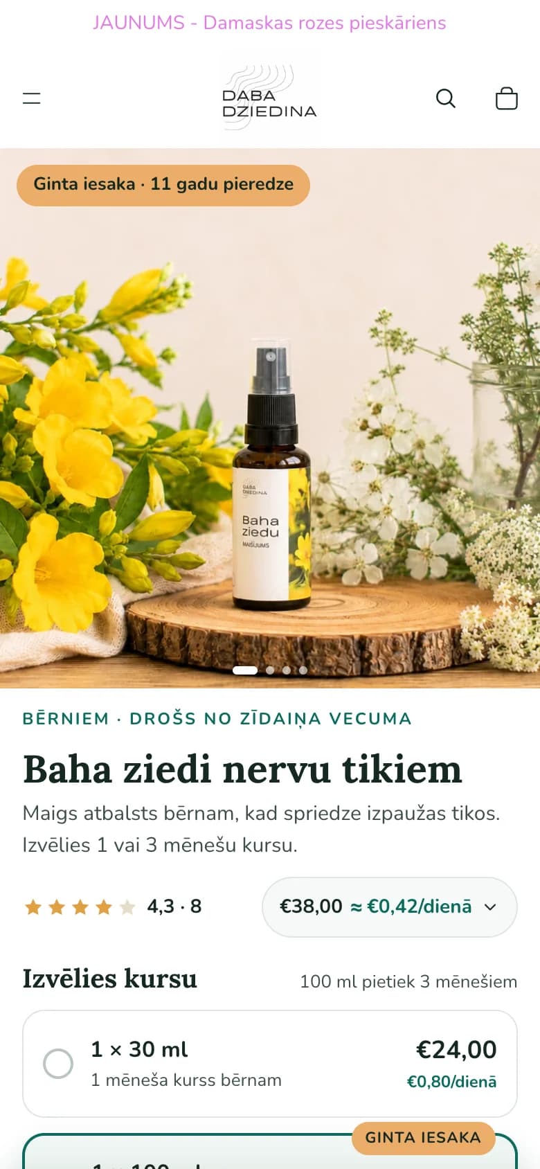 New product page on mobile: product image, Ginta's recommendation, name, rating and price per day