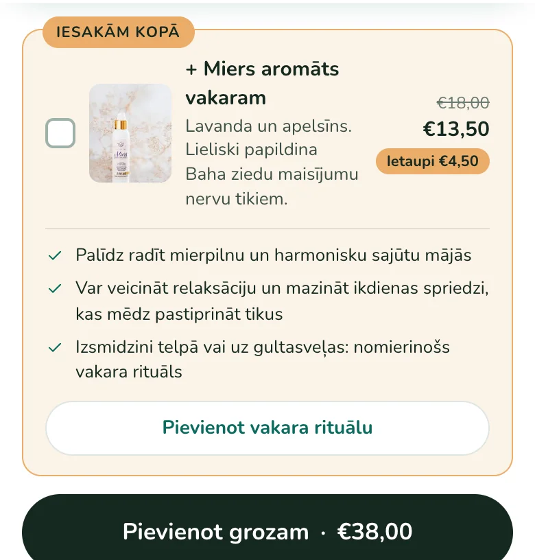New "Recommended together" card: the aroma at a combo price, three benefits and an add button