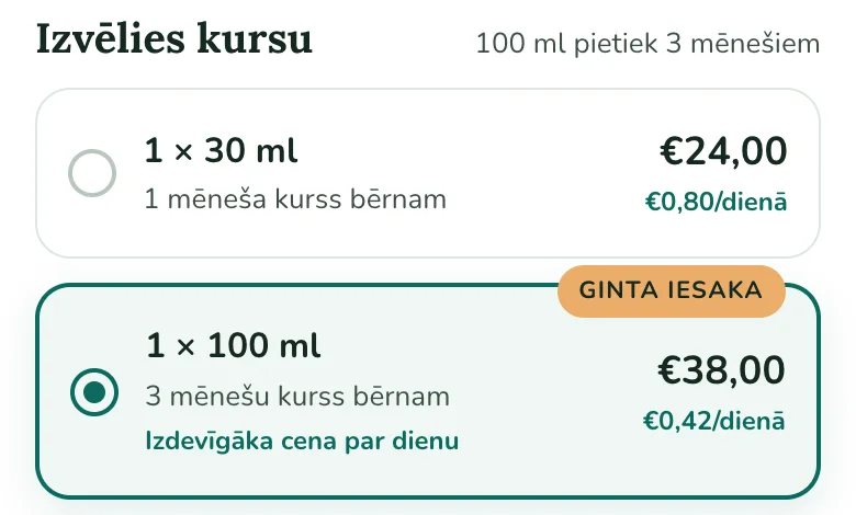 New course picker: 1 × 30 ml for a month or 1 × 100 ml for three months, marked as Ginta's recommendation, with price per day