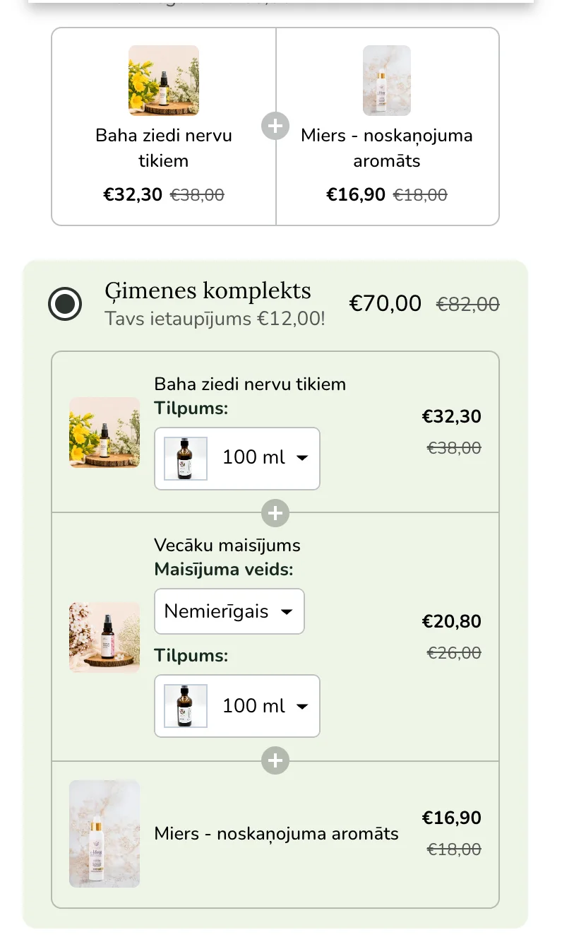 Old offer block: a family bundle of three products with dropdowns and a saving in euros